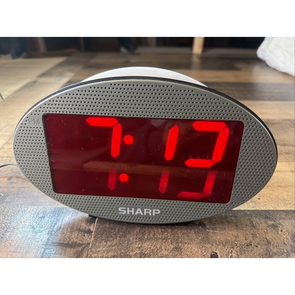 Sharp Digital Alarm Clock Radio Large Red LED Display Oval Gray Vintage